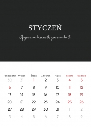 Kalendarz ścienny, Typograficzny, 20x30-A4 cm
